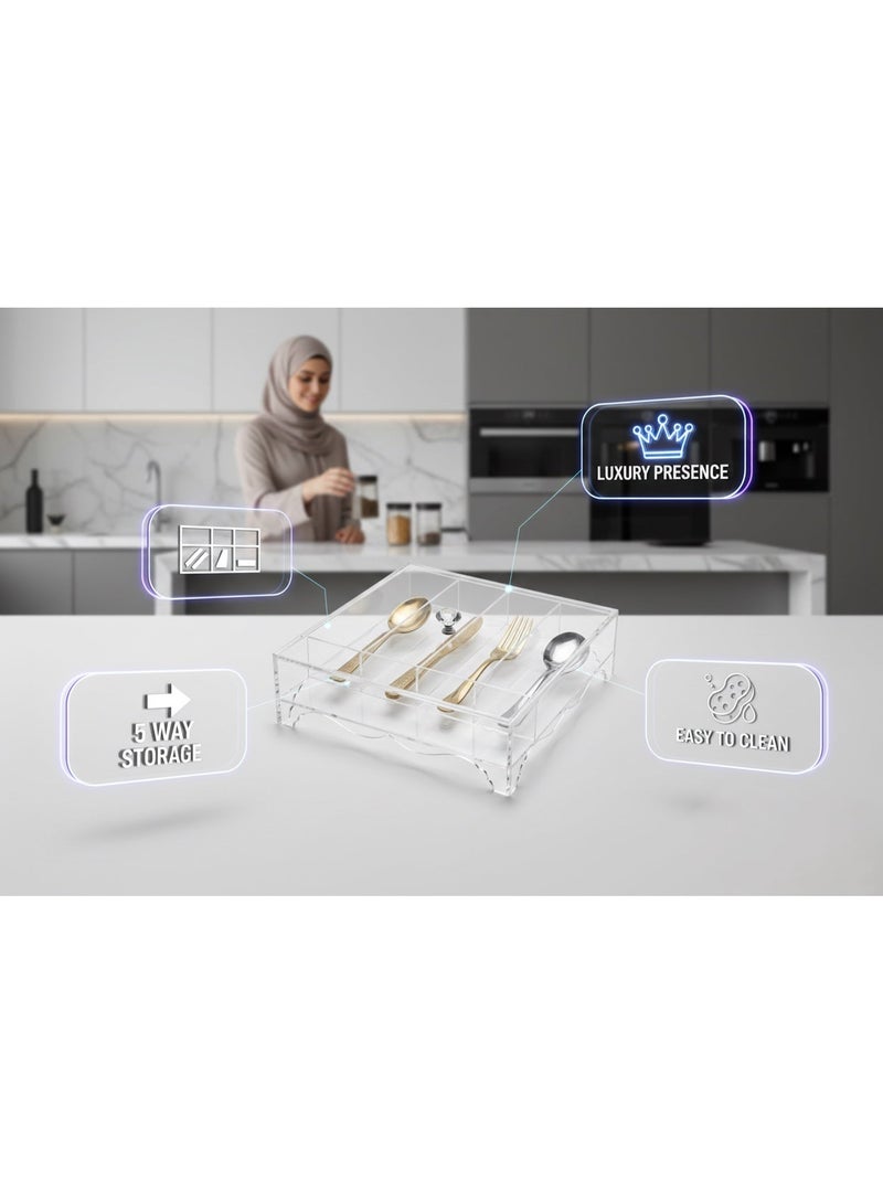 بيتى صندوق تنظيم أدوات المائدة من الأكريليك الشفاف من بيتي فير بمقبض كريستالي، حاوية تخزين أدوات المطبخ، تصميم موفر للمساحة، 5 جوانب - Image 2